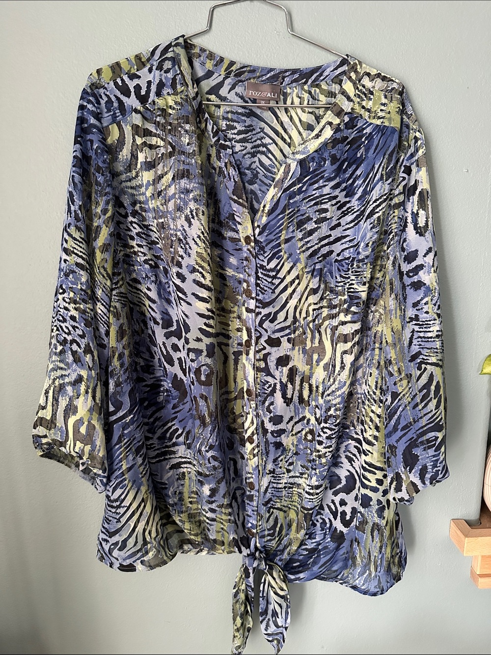 Roz & Ali Sheer Blue Zebra Animal Print Tie-Front Blouse Size